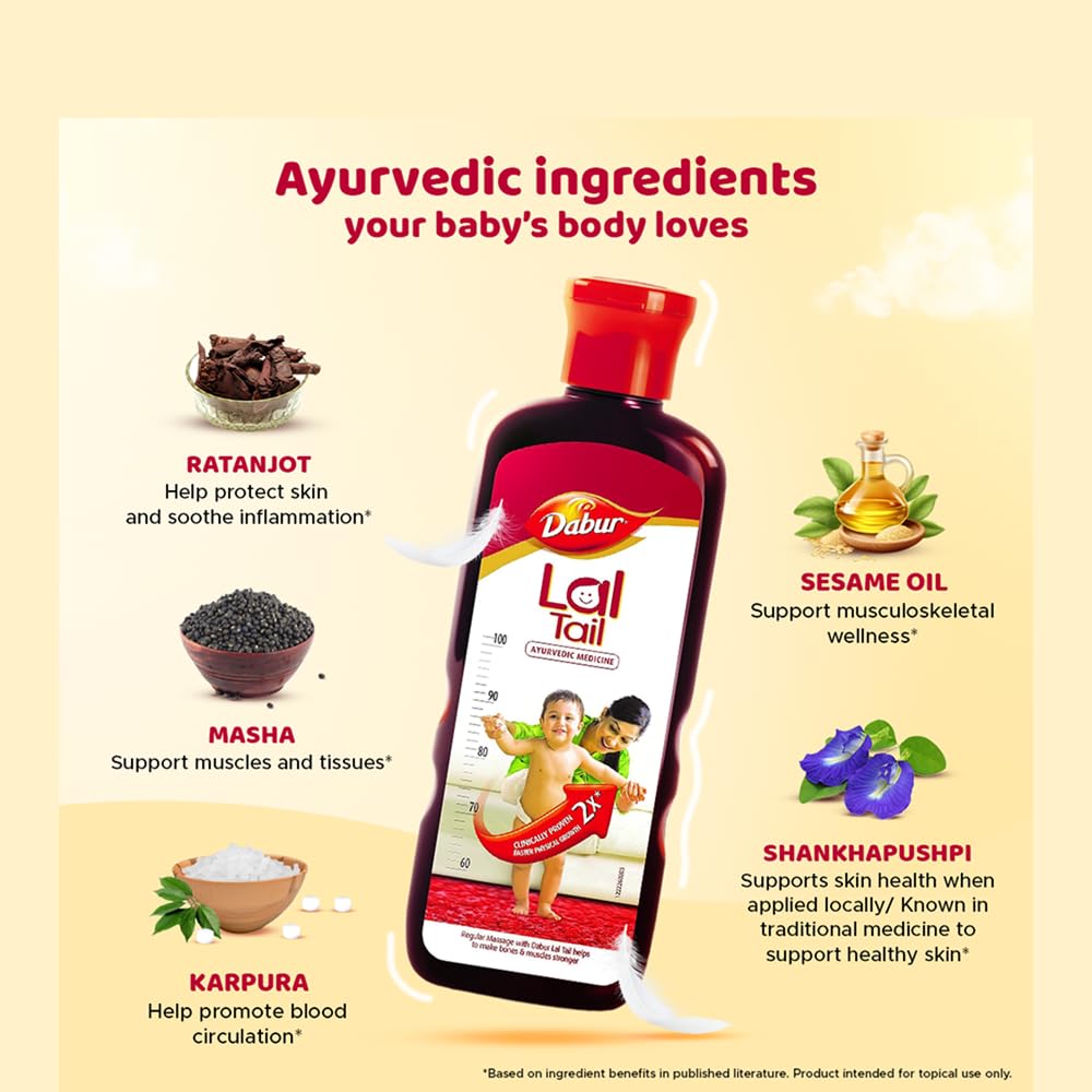 Dabur Lal Tail : Ayurvedic Baby Oil|Clinically Tested 2x Faster Physical Growth for Stronger Bones and Muscles- 200 ml