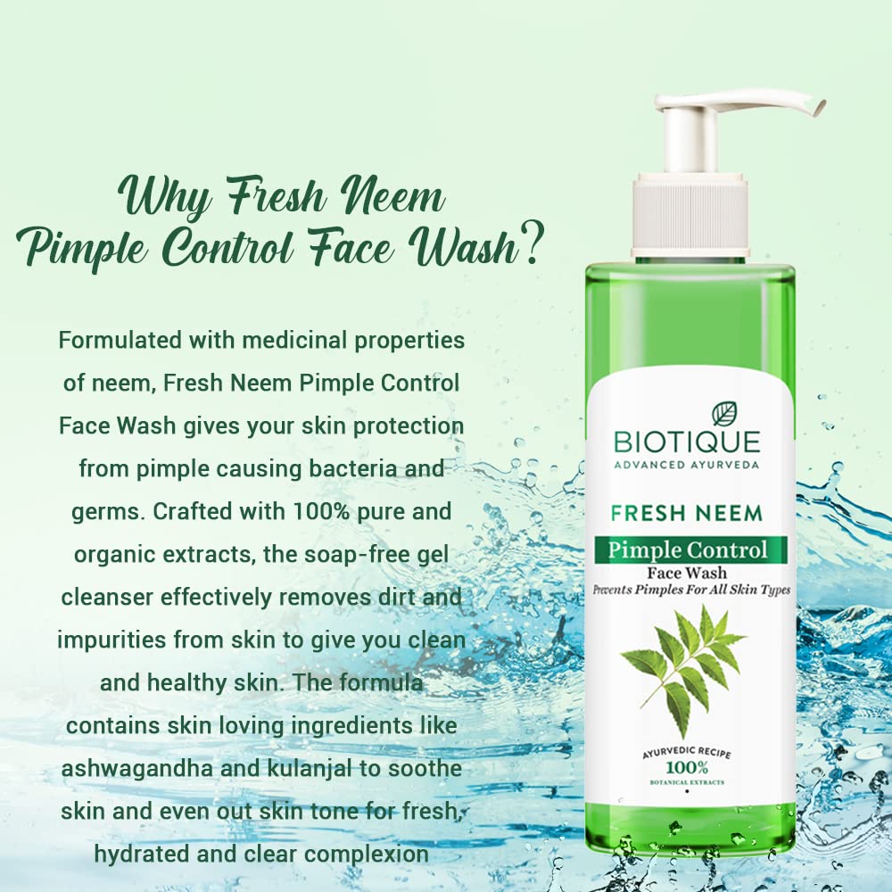 Biotique Fresh Neem Pimple Control Face Wash| Ayurvedic and Organically Pure| Prevents Pimples |100% Botanical Extracts| Suitable for All Skin Types | 200mL (Pack of 2)