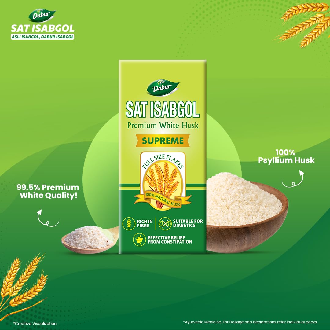 Dabur Sat Isabgol (Psyllium Husk) - 90g | Rich in Fiber | Provides Effective Relief from Constipation & Bloating | Promotes Bowel Health | Non-Habit Forming | 100% Ayurvedic