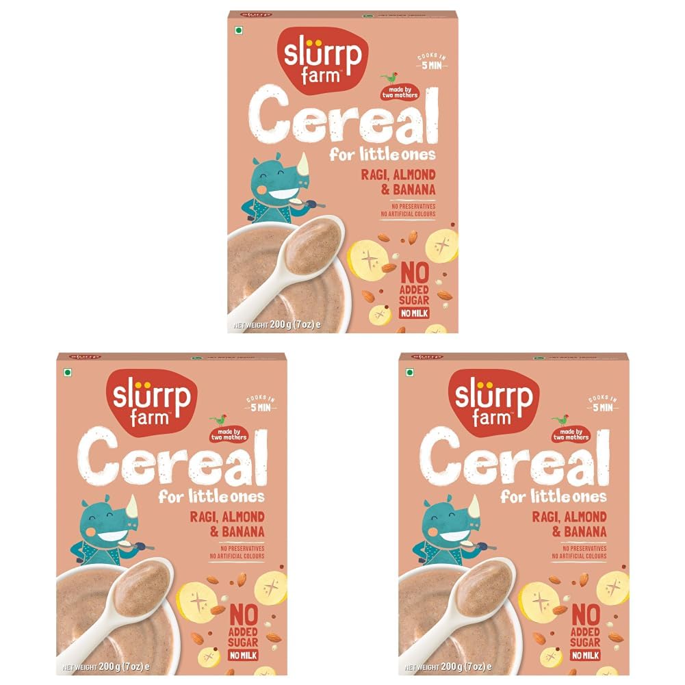 Slurrp Farm No Added Sugar, No Salt Ragi, Almond and Banana Cereal | 100% Sprouted Ragi | Healthy Cereal | No Milk | No Preservatives, 200g (Pack of 3)