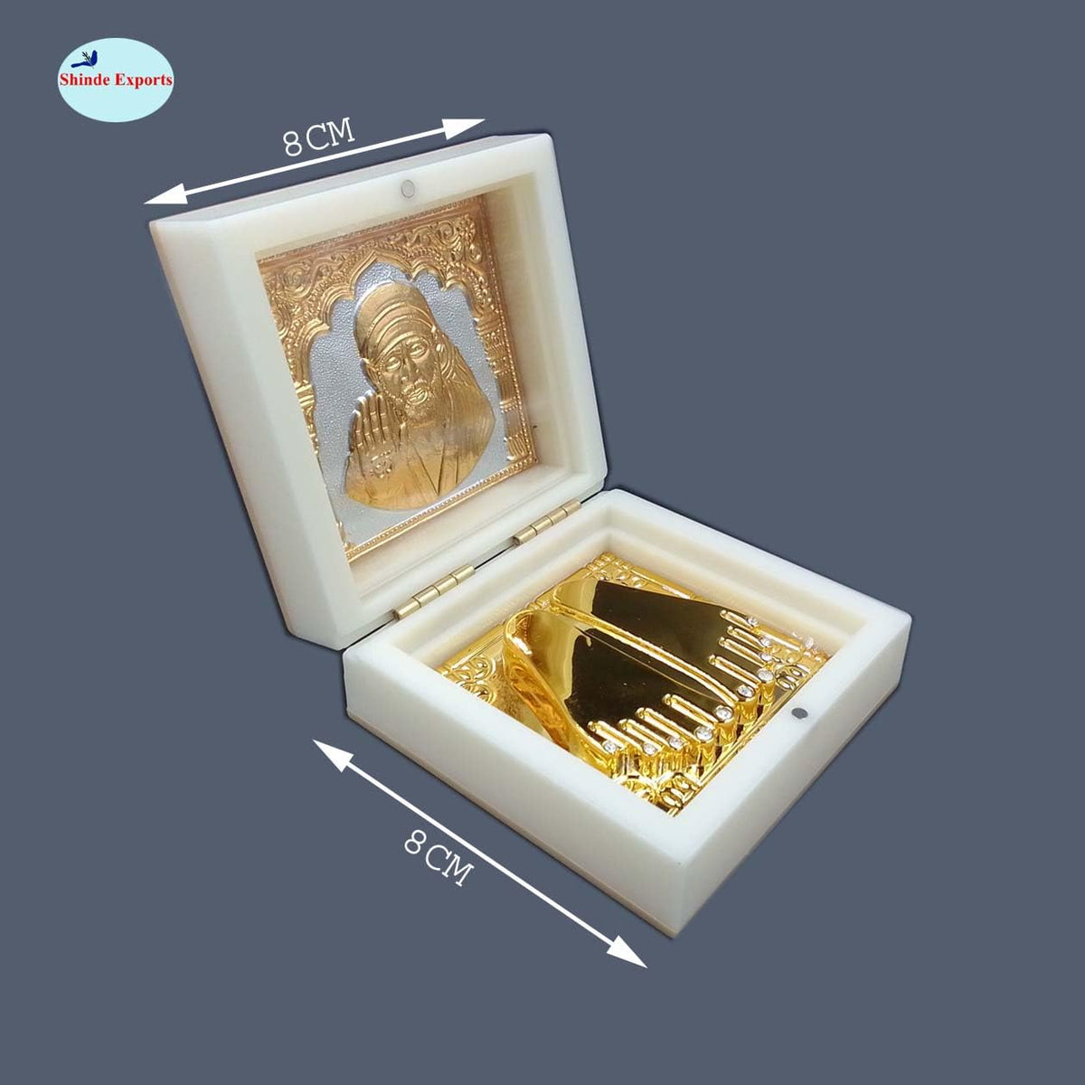 SHINDE EXPORTS Decorative Shirdi Sai Baba Photo Frame with Charan Paduka For God Pooja and Gift. (Mini Charan White Gold Foil)