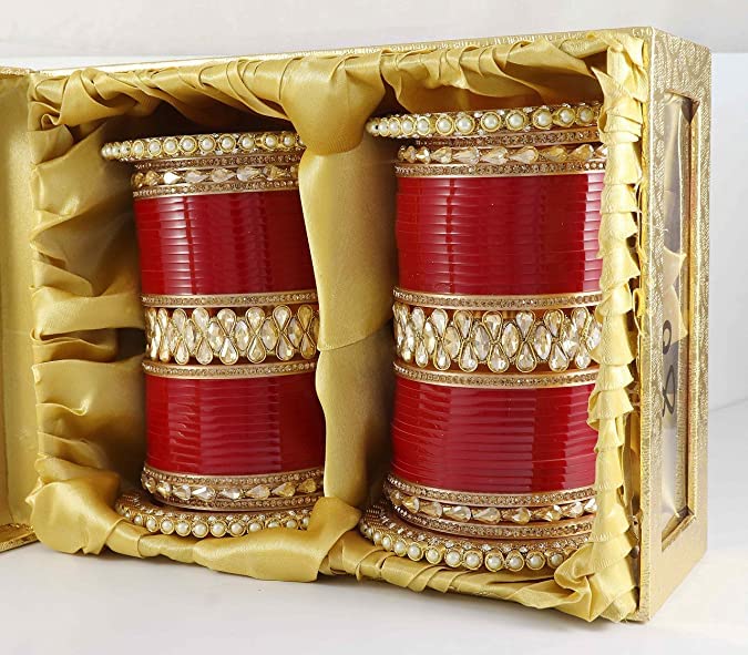 NMII Traditional Gold Plated Acrylic Bangles Bridal Chuda Set For Women & Girls with Zircon Diamond & Pearls Beads Work | Royal Wedding Chudas | Premium Look | Bangles For Wedding, Festive, Function
