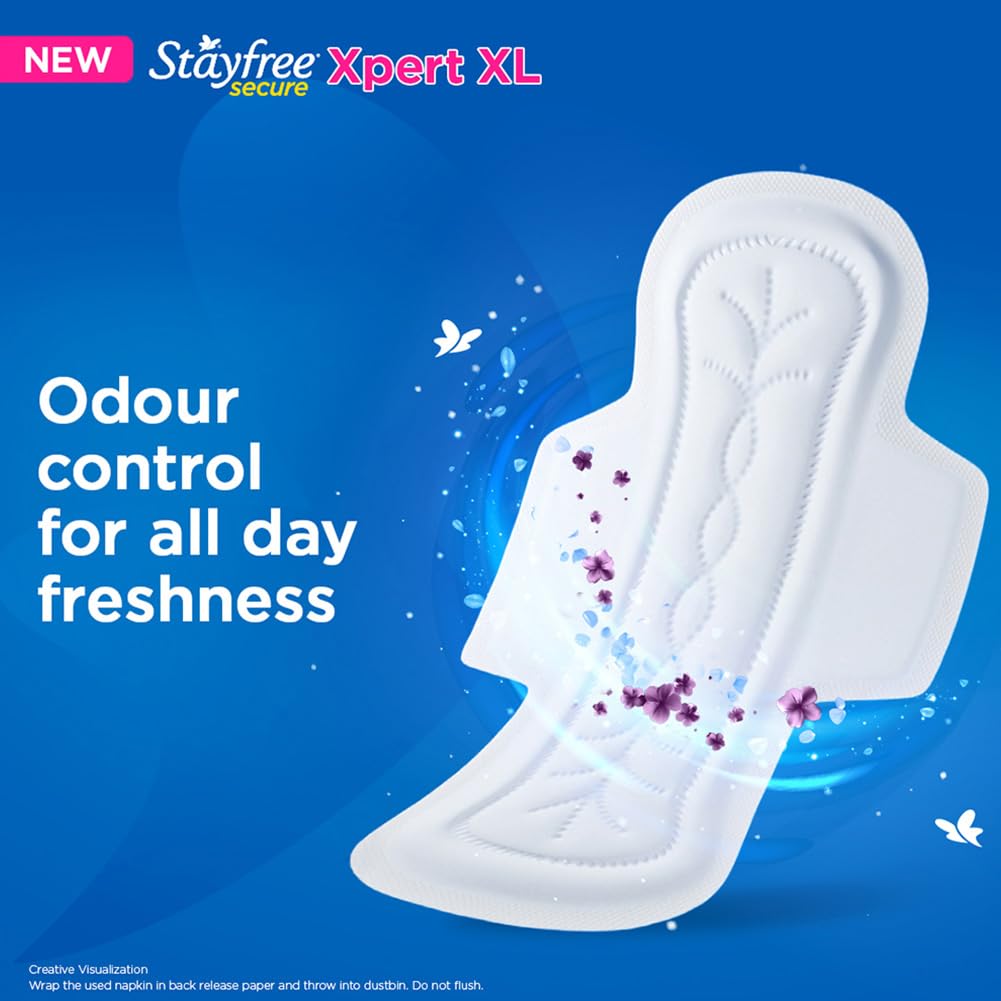 Stayfree Secure Xpert XL Sanitary Pads for Women | 290 mm | 18 Pads | Longer & Wider Pads for Heavy Flow | Air Soft Cover | Helps Prevent Skin Irritation | Fits in Pocket | Gel Lock Pockets for Instant & Deep Absorption | Dermatologically Tested
