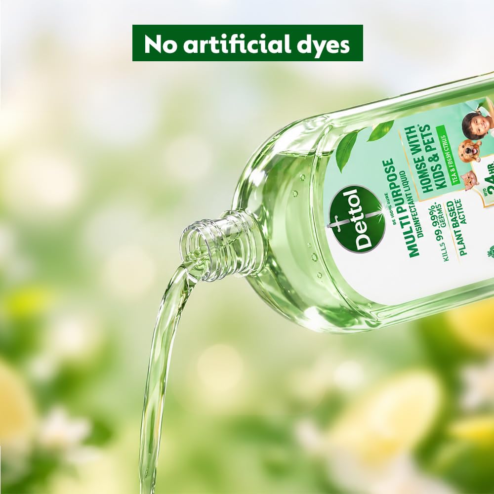 Dettol Plant-Based Disinfectant Liquid 1L, Tea & Fresh Citrus Fragrance – Kids Safe & Pet Friendly | Multi-Purpose Cleaner for Floor & Laundry | Kills 99.99% Germs