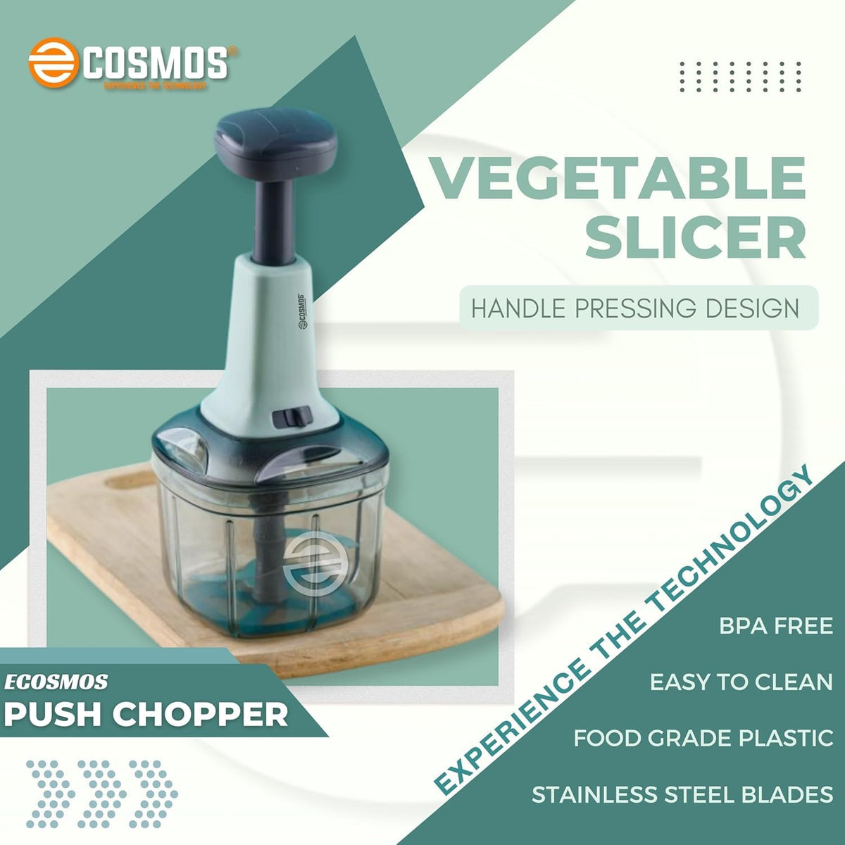 E-COSMOS Food Chopper Manual Hand Press Push Chopper with 4 Blades for Effortless Chopping Vegetables & Fruits (