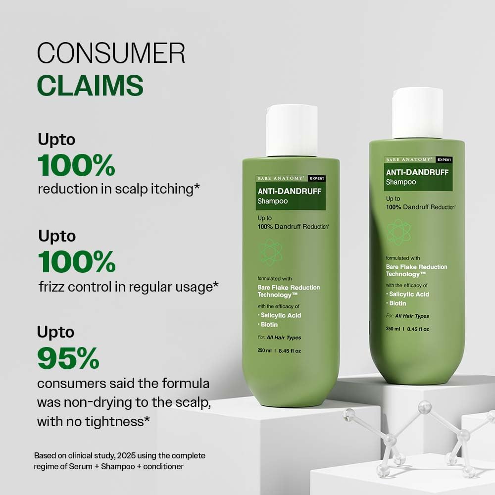 Bare Anatomy Anti Dandruff & Anti Hair Fall Shampoo Combo | Salicylic Acid, Adenosine, Peptides & Biotin | Sulphate & Paraben Free | 250ml + 100ml