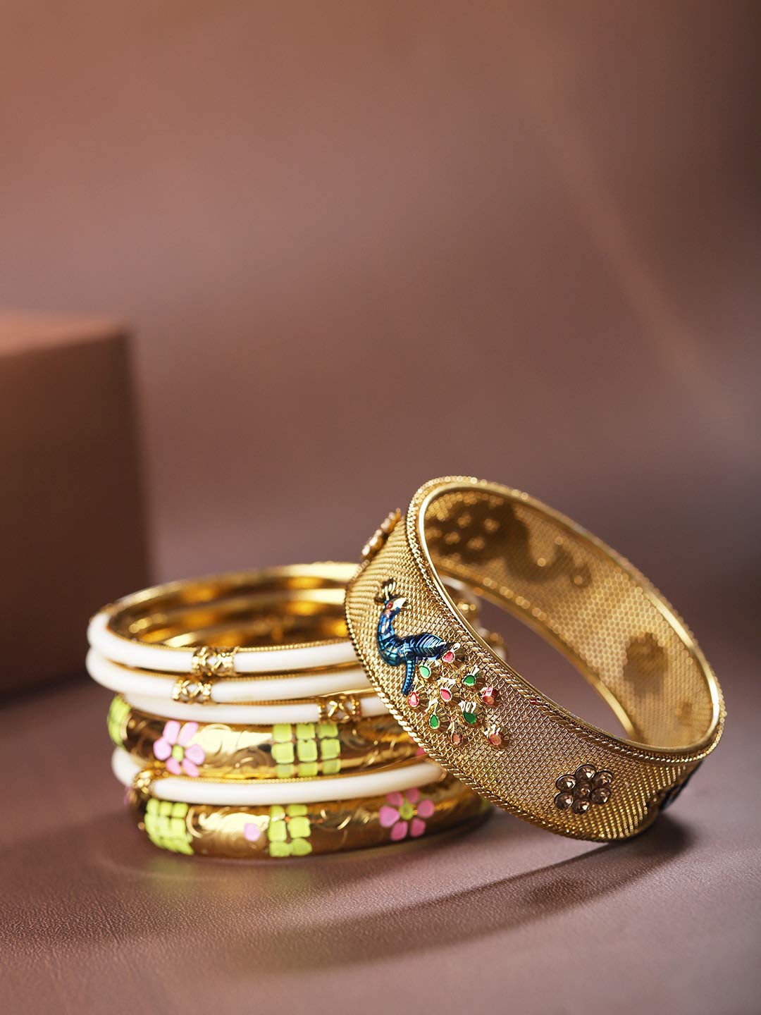 Priyaasi Set of 7 Gold-Plated Peacock Inspired Meenakari Bangles