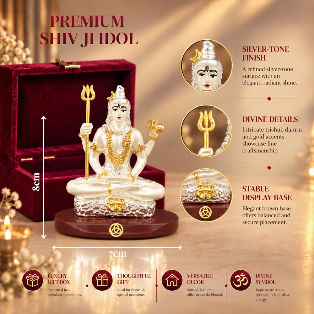 DIVINITI Premium Dual Tone Lord Shiva Idol with Silver-Tone Finish & Gold Accents | Mahadev Shiv Ji Showpiece with Decorative Base & Premium Gift Box | Home, Mandir, Office & Gifting | 8 x 7 cm