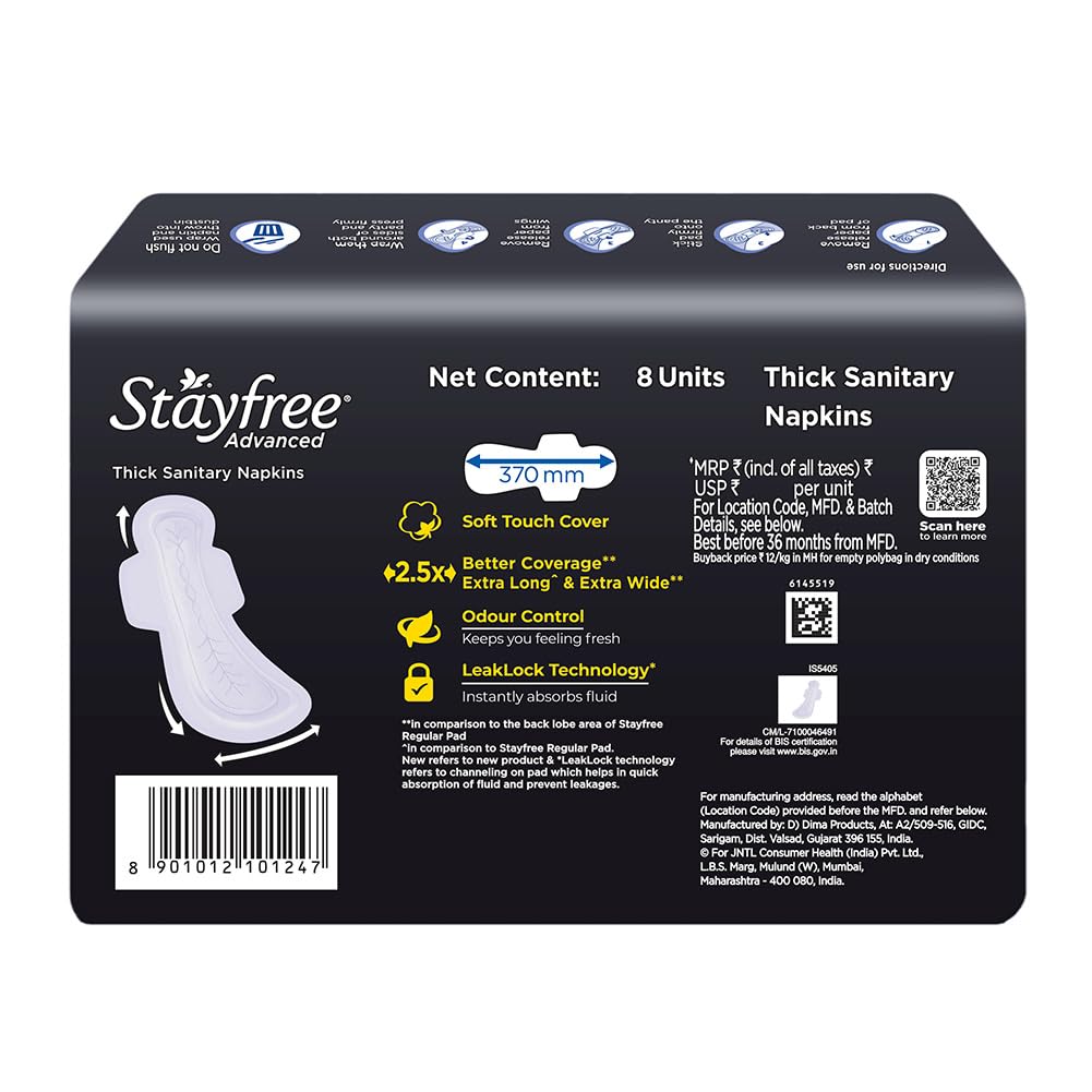 Stayfree Advanced XXXL+ Thin Sanitary Pads for Women | 8 Soft Cotton Pads for All Night Ultra Comfort | Absorbs 2x More with Wider Back | Prevent Rashes | Odour Control