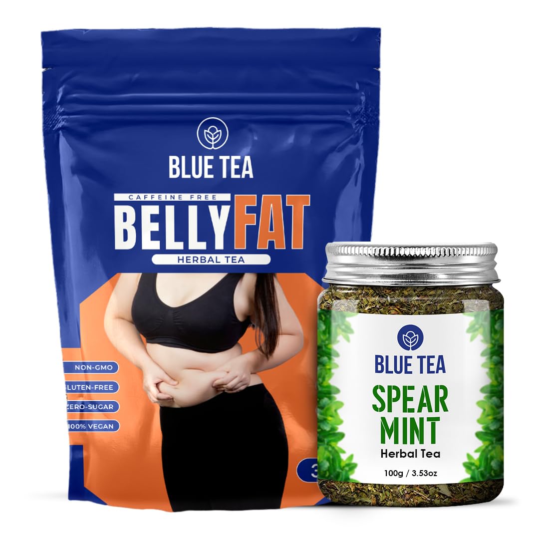 BLUE TEA - Combo Pack - Belly Tea (30 Teabags) & Spearmint Herbal Tea (100 gm - 100 Cups) | Helps Manage Weight | PCOS Relief | Helps in Balancing Hormones | Caffeine Free | Zipper & Pet Jar