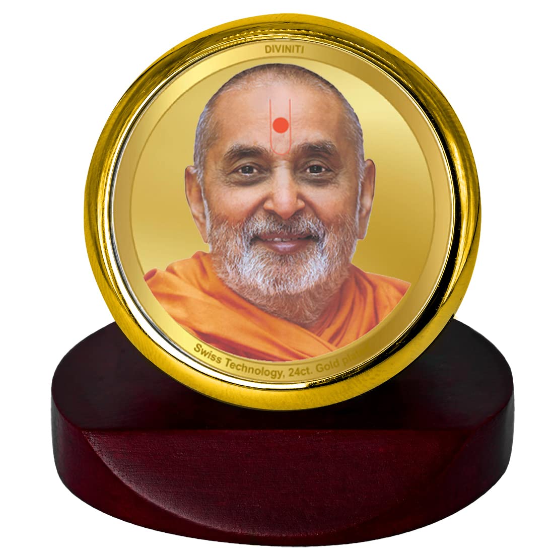 Diviniti Pramukh Swami Gold Plated Metallic Car Frame, Table Decor| MCF 1C Classic Pramukh Swami and 24K Gold Plated Foil| Religious Frame for Pooja, Gifts Items (5.5 x 5.0 CM)