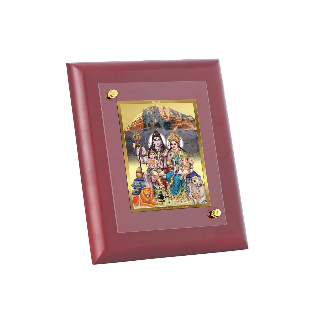 DIVINITI 24K Gold Plated Lord Shiva, Maa Parvati, Shri Ganesha Ji and Lord Kartikeya Photo Frame | Religious Gift & Spiritual Decor | MDF Gold Foil Frame for Temple, Wall & Gift | 16 x 13.5 CM