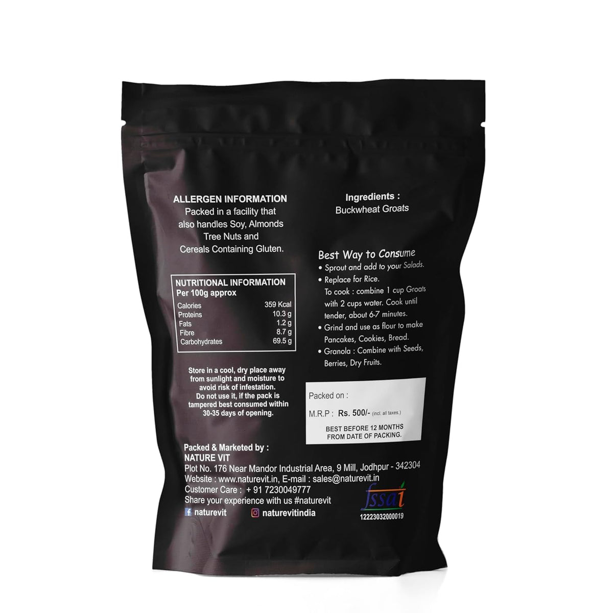 NatureVit Buckwheat Seeds, 5kg (1kg x 5 Packets) | Kuttu Giri | Hulled, Gluten Free Buckwheat Millet | High in Plant Protein & Fibre | Soak & Eat As Porridge