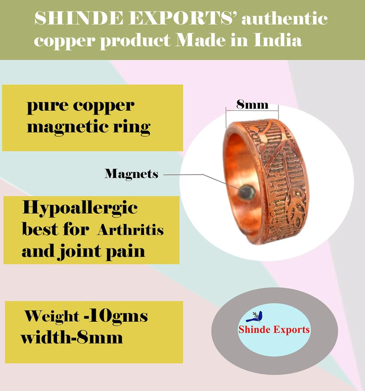 SHINDE EXPORTS copper magnetic ring pure adjustable for men and women 8 mm