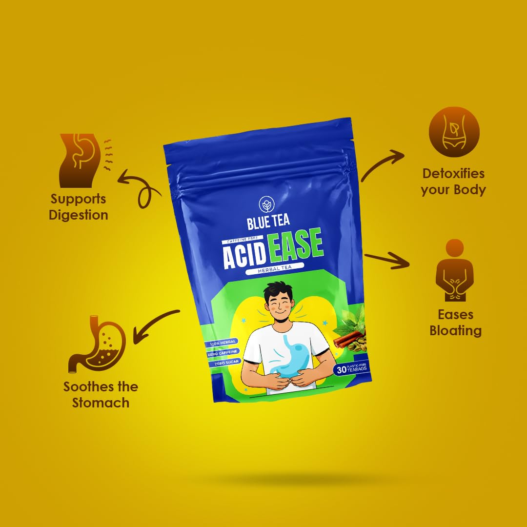 BLUE TEA - Acid Ease Tea - 30 Tea Bags - Plant Based | Relieves Acidity and Gas - Supports Digestion | Tulsi, Ajwain, Black Pepper, Bay leaf | Caffeine Free - Herbal Tea | Ziplock Pack