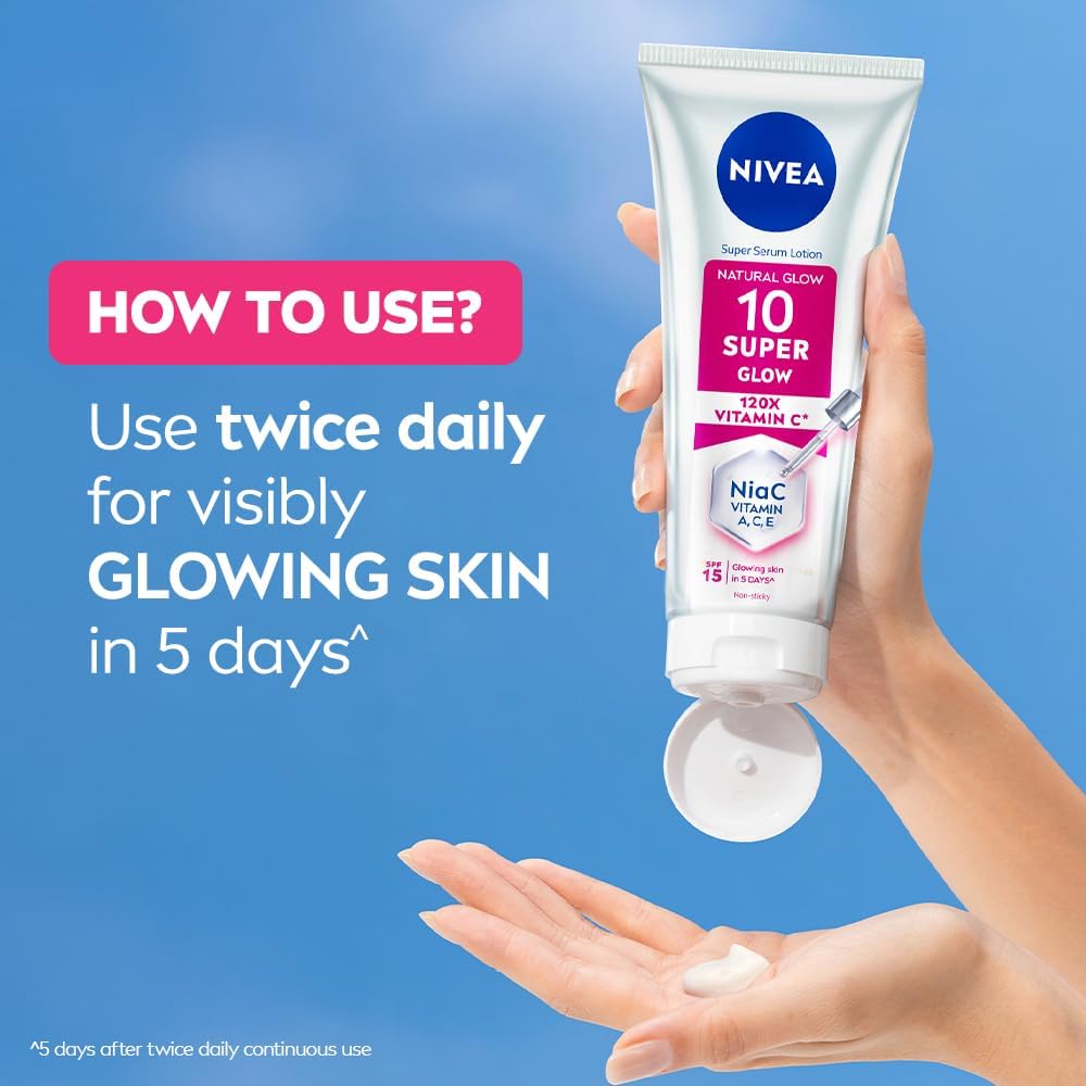 Nivea Extra Bright Body Serum Lotion 300ml with 10 Super Vitamins Brightening Body Lotion for Glowing Skin Fast Absorbing Hydrating Moisturizer Daily Use for Even Skin Tone and Radiance Improvement