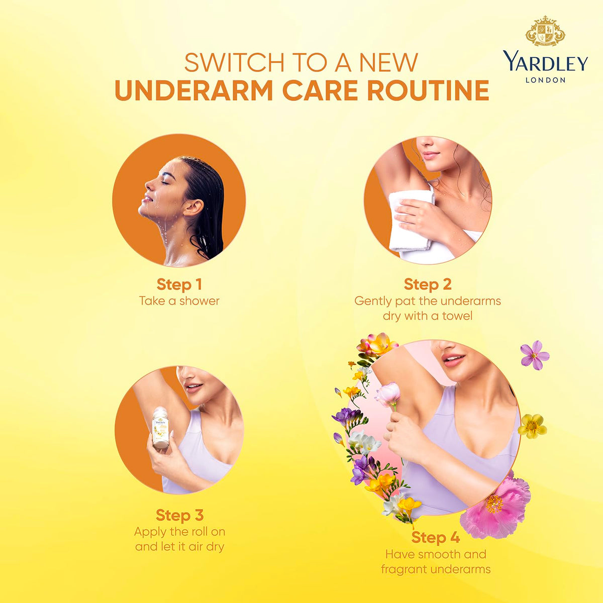 Yardley London English Blossom | Underarm Deodorant Roll On| With Licorirce Extract & Floral Extracts | Smooth & Eventoned Underarms | 72 H Long Lasting Floral Scent| 0% Alcohol & Dermat Approved | For Women | 50ml