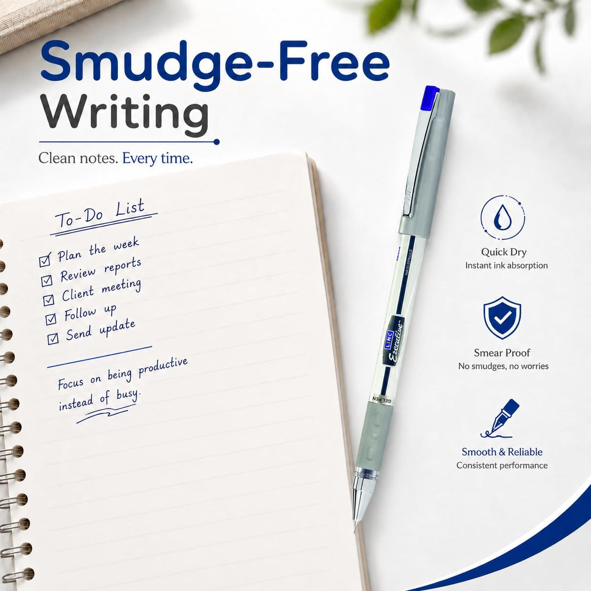 LINC 0.55mm Executive SL-500 Gel Pen | Water-Proof Ink & Textured Grip (Blue Ink, Pack of 10)
