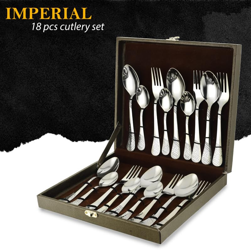Parage 18 Pieces Premium Stainless Steel Cutlery Set, Home & Kitchen with Gift Box (6 Pieces Each Table Spoons, Table Forks & Tea Spoons) with Leatherite Box (Imperial Design)