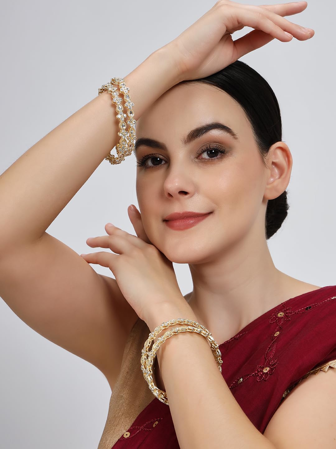 NMII Gold Plated Metal with Zircon Diamond & Kundan Stone Bangles Set For Women & Girls | Traditional Girl's Bangles Bracelet | Designer Kangan | Golden Bangles For Wedding, Party, Etc- Set of 4
