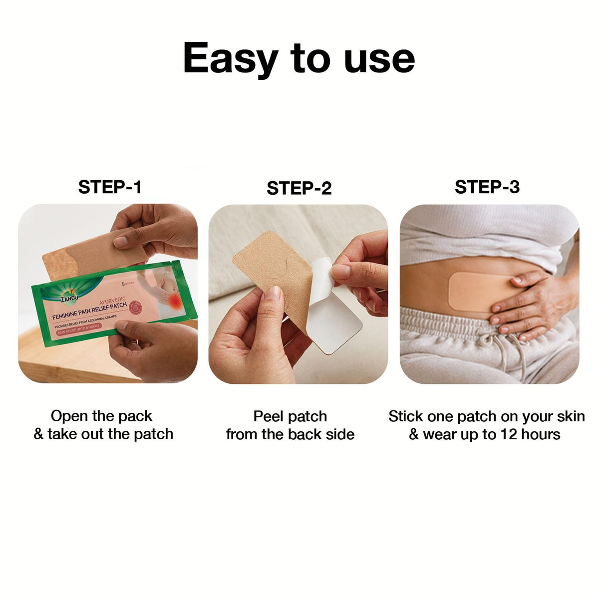 Zandu Ayurvedic Feminine Pain Relief Patch(Pack Of 5 Patches) - A Specially Designed Pain Relief Patch For Helping Relieve Abdominal Cramps & Back Pain Massager |Easy To Apply & Carry,Multicolour
