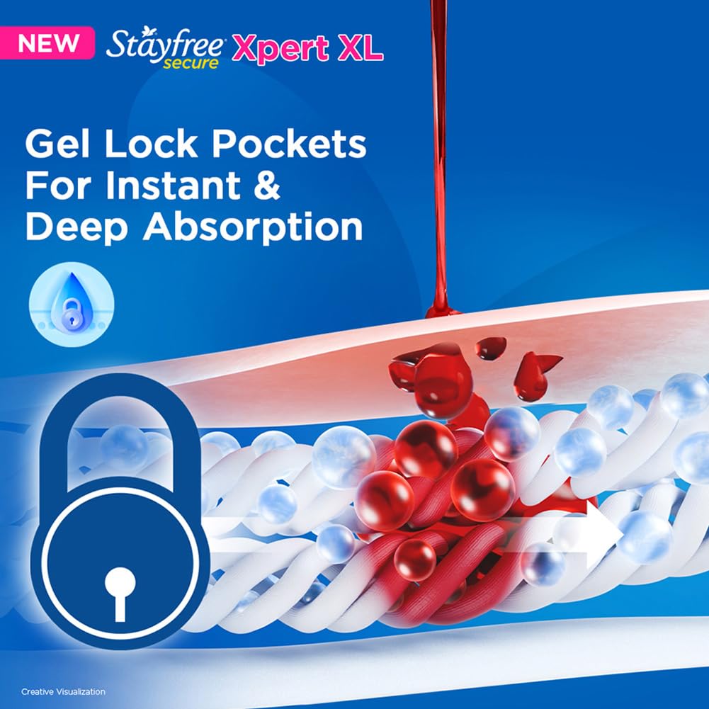 Stayfree Secure Xpert XL Sanitary Pads for Women | 290 mm | 40 Pads | Longer & Wider Pads for Heavy Flow | Air Soft Cover | Helps Prevent Skin Irritation | Fits in Pocket | Gel Lock Pockets for Instant & Deep Absorption | Dermatologically Tested
