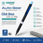 Hauser Auto Gear 0.7mm Mechanical Pencil - Pack of 4 | Click Once & Keep Writing | Extra Dark & Breakage Resistant 2B Lead | Eraser At The Top For Quick-Erasing | 10 FREE 2B Leads With Each Pack