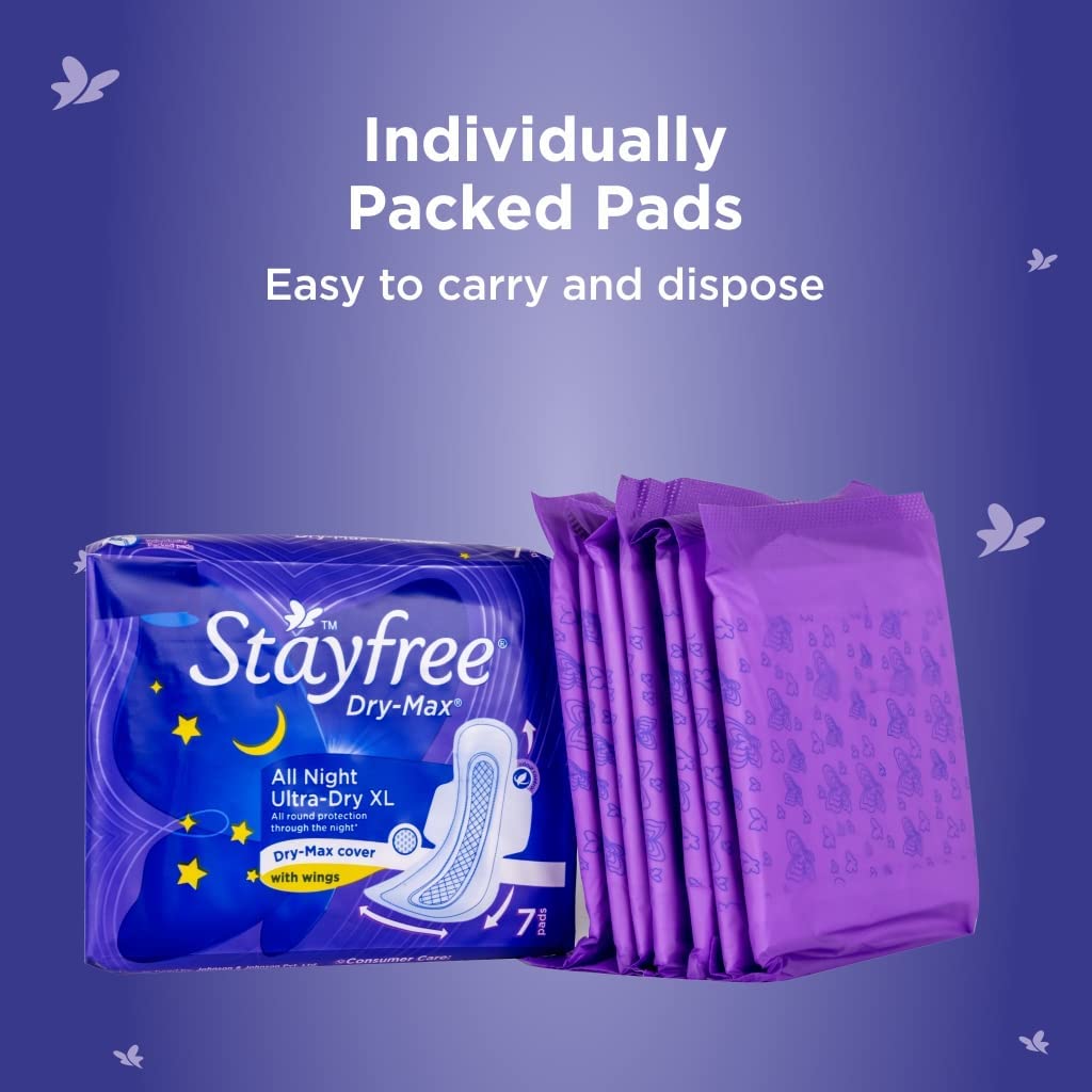 Stayfree Dry Max XXL | All Night XXL Dry Cover Sanitary Pads for Women | Convert Heavy flow into Gel | Odour Control | Absorbs 2x more with wider back | Superior Dry feel | Ultra Thin Pads | 42 Pads