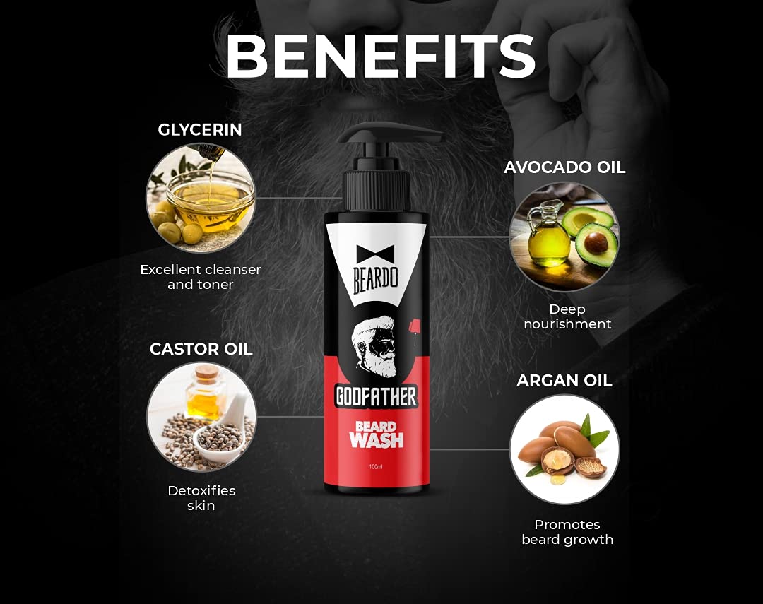 Beardo Natural Black Beard Color for Men 60ml With Godfather Beard Wash 100ml (Pack of 2) | Purifying & Hydrating Beard and Skin Cleaner with Avocado Oil, Argan Oil | Easy to apply, No Stain Beard Hair Colour for men | Skin Friendly Hair dye