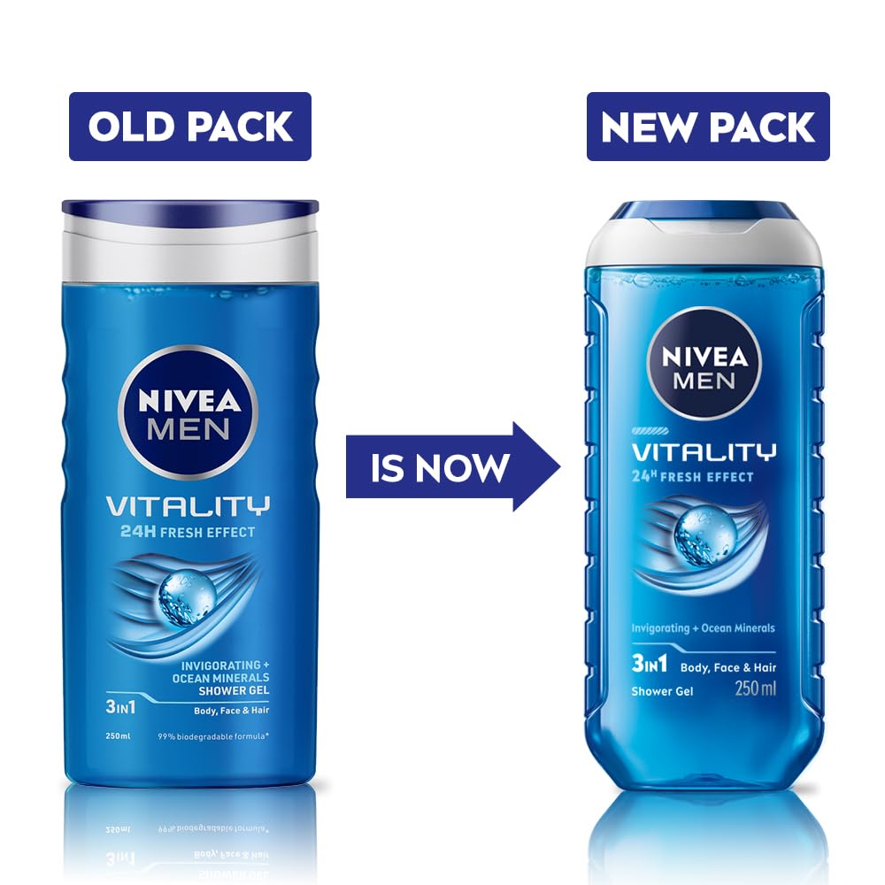 NIVEA MEN Vitality Fresh 250ml Body Wash| Shower Gel for Face, Body & Hair| Power of Ocean Minerals| Long Lasting Summer Freshness |Clean, Healthy & Moisturized Skin