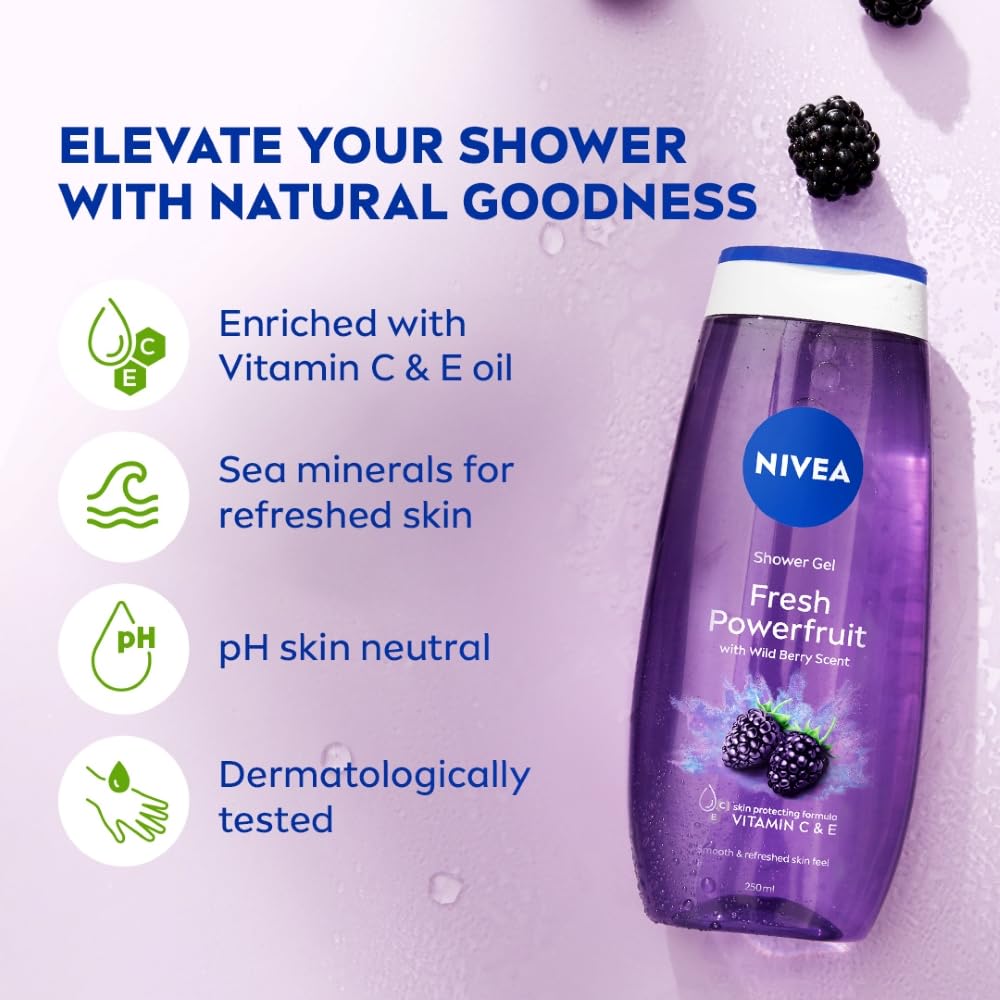 NIVEA Fresh Power Fruit 250ml Body Wash| Shower Gel with Real Fruit Extracts| Pure Glycerin for Instant Soft & Summer Fresh Skin|Microplastic Free |Clean, Healthy & Moisturized Skin