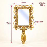 KridayKraft Beautifully Carved Square Shape Gold Plating Metal Hand Mirror for Makeup, Travelling, Salon Mirror & Decorative Antique Item, framed