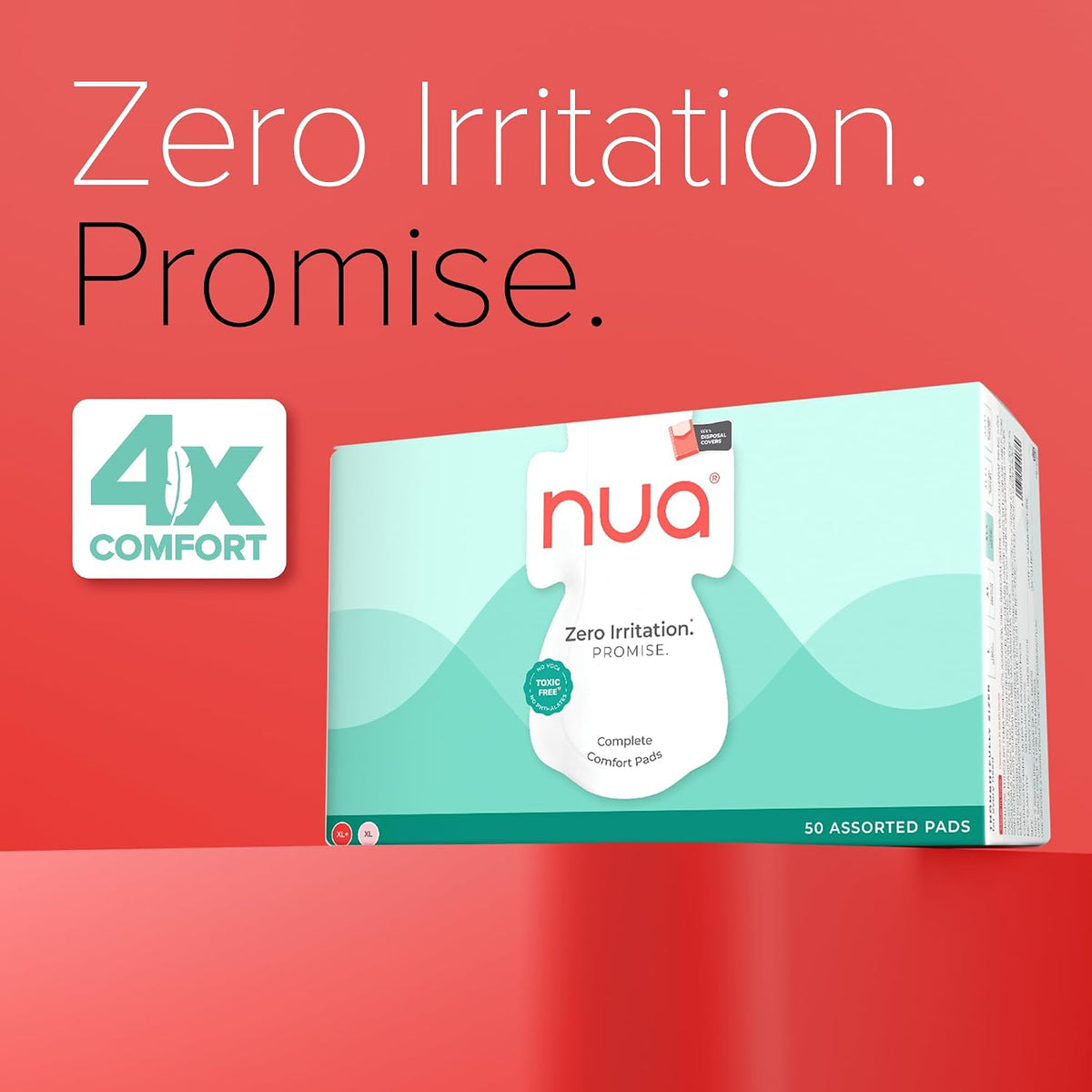Nua Complete Comfort Sanitary Pads for Sensitive Skin | Pack of 50 Pads (25 Heavy Flow, 25 Medium Flow) with Disposal covers | Zero Irritation | Comfortable All-Day Protection | Ultra-Thin | Super Absorbent | No rashes | 50% Wider Back | 100% Toxic-Free, Dermatologically Tested