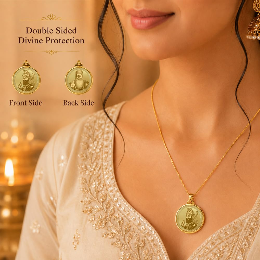 DIVINITI 24K Gold Plated Double-Sided Religious Pendant with Premium Gift Box, Spiritual Locket for Men & Women, Devotional Jewellery for Gifting & Everyday Wear | Guru Gobind Singh Ji & Guru Nanak Dev Ji - GNG Pendant