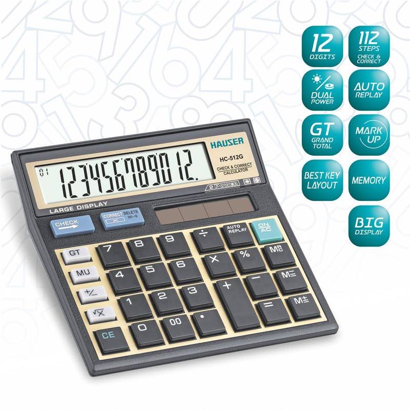 Hauser HC-512G Desktop Series Electronic Calculator | 12 Digits Calculator | Best Key Layout | Mark Up with GT Keys | Big Display & Memory | Dual Power | 112 Steps Check & Correct | Grey, Pack of 1