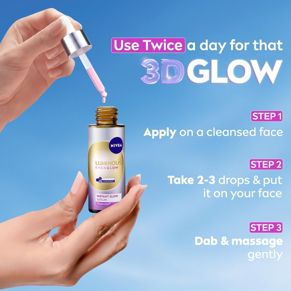 NIVEA Luminous Even Glow Face Serum | For Glowing Skin, Skin Brightening & Refined Pores | Niacinamide, Thiamidol & Vitamin C Serum | Anti-Dark Spots | With Aloe Extracts | 3D Glow in 3 Days | 30ml