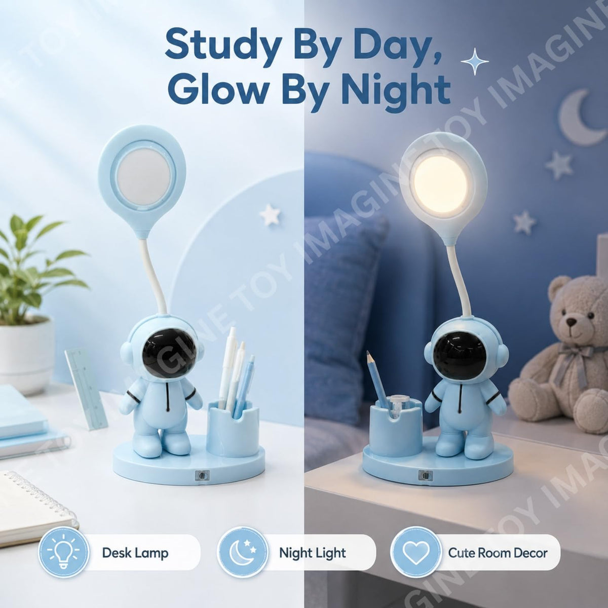 Toy Imagine 3-in-1 Kids LED Desk Lamp USB Rechargeable Night Light with Pen Holder and Pencil Sharpener Cute Astronaut Design Detachable Study Lamp for Girls & Boys Bedroom, Home & School