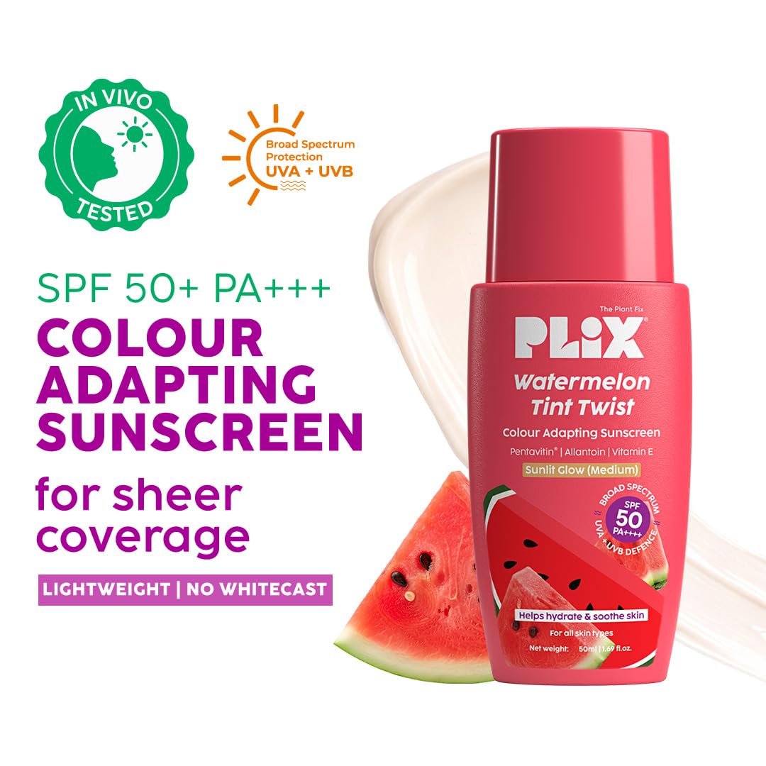 PLIX - THE PLANT FIX Watermelon Tint Twist Color-Adapting Sunscreen | For light coverage & instant glow | SPF 50 PA++++ Medium Sunlit Glow