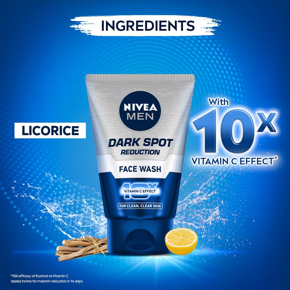 NIVEA MEN Dark Spot Reduction Face Wash 100 g | With Ginko and Ginseng Extracts for Clean, Healthy & Clear Skin in Summer | 10 X Vitamin C Effect for Radiant Skin |For Dark Spot Reduction