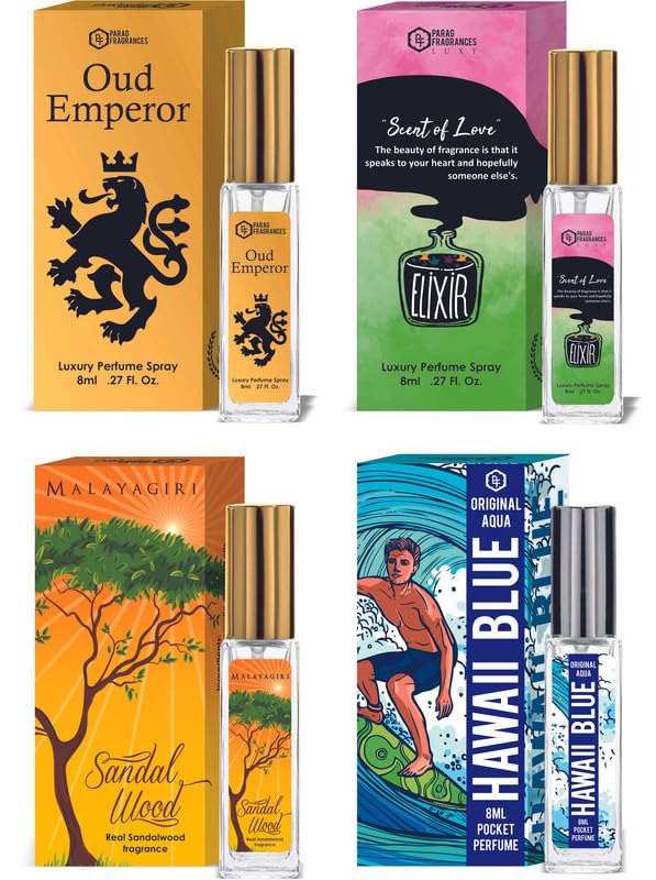 Parag Fragrances Elixir & Hawaii Blue Luxury Perfume Combo (8ml x 2pc) Long Last, Imported, Pocket & Purse Friendly, Reusable Perfume Spray For Men & Women