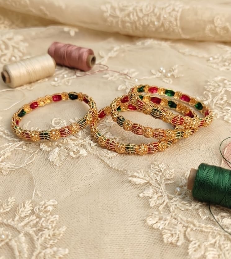 NMII Gold Plated Red Green Stone Kada With Floral Pattern For Women & Girls | Designer Kangan | Traditional Metal Bangle | Wedding Festive & Occasion Bangles - Set Of 4