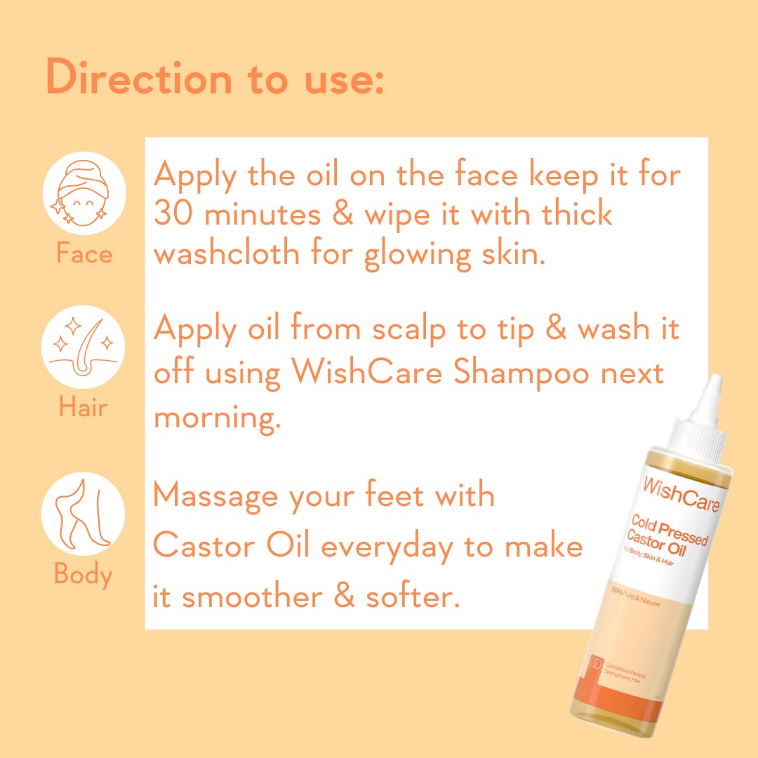 WishCare Cold Pressed Castor Oil | For Hair, Skin, Nails, Eye Lash | Virgin Grade | 100% Natural | 200ml