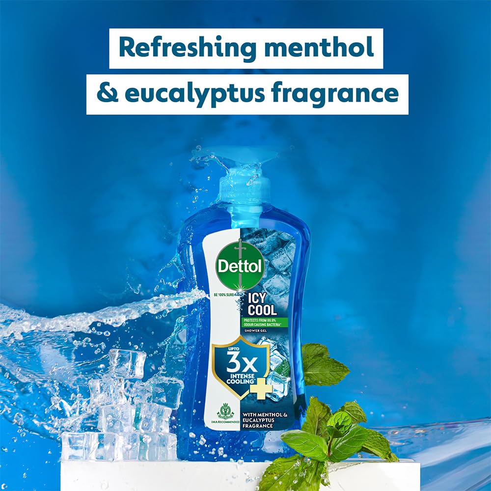 Dettol Icy Cool Body Wash and Shower Gel Pump for Men | Goodness of Salicylic Acid | Menthol Freshness | 500ml Pack of 2