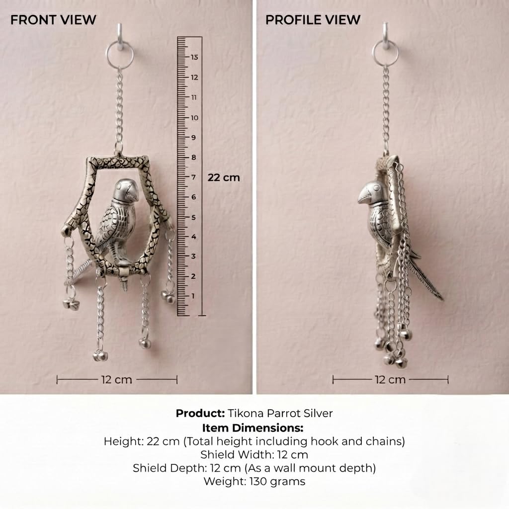 KridayKraft Silver Plated Tikona Parrot Metal Hanging Décor with Chains and Bells | Traditional Indian Wall Hanging Showpiece for Living Room, Home Entrance & Vastu (22 cm x 12 cm)