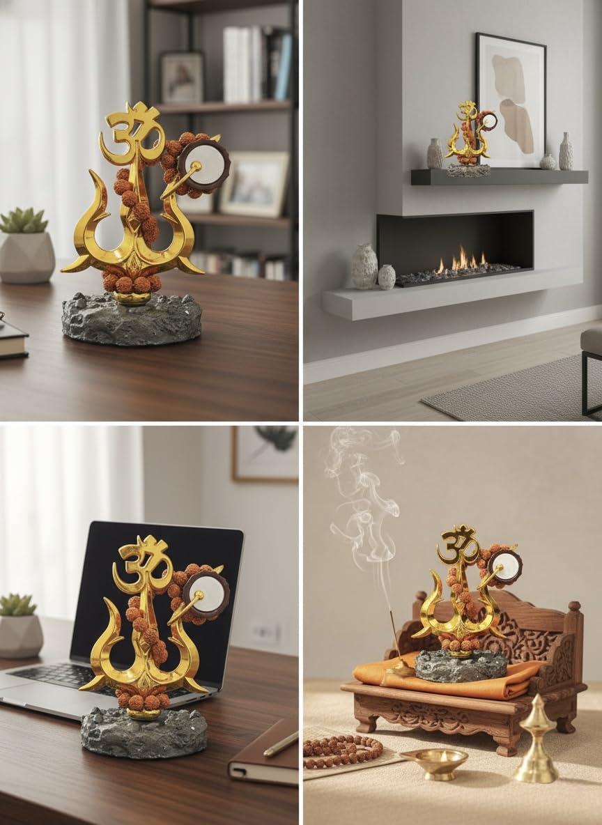 RUDRADIVINE Lord Shiva Om Trishul with Damru & Rudraksha Mala Idol | Mahadev Spiritual Statue for Home Temple, Car Dashboard, Pooja Decor