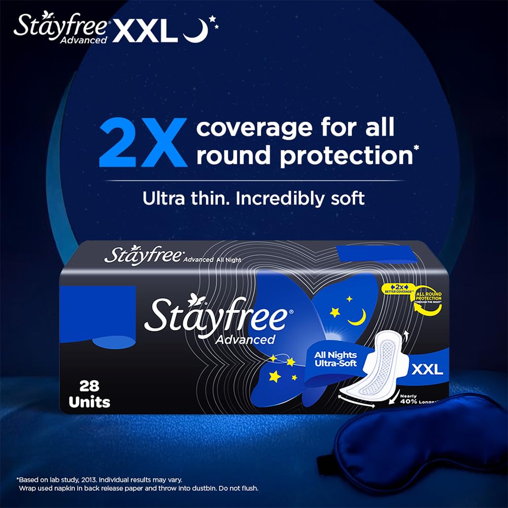 Stayfree Advanced XXL All Night Sanitary Pads For Women | 28 Pads | Soft Cover | 2x Coverage for All Round Protection | Helps Prevent Rashes & Skin Irritation