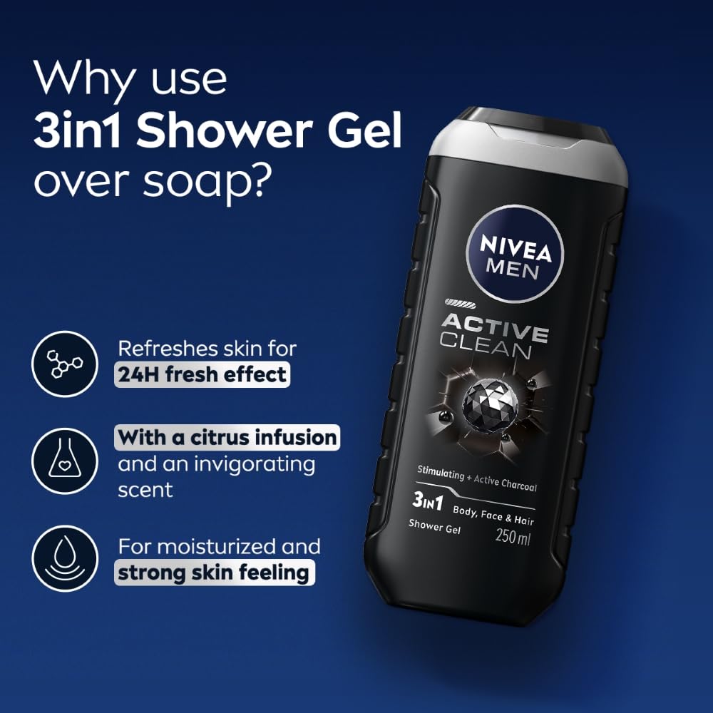 NIVEA Men Body Wash, Active Clean with Active Charcoal, Shower Gel for Body, Face & Hair, 250 ml