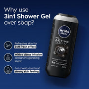 NIVEA Men Body Wash, Active Clean with Active Charcoal, Shower Gel for Body, Face & Hair, 250 ml