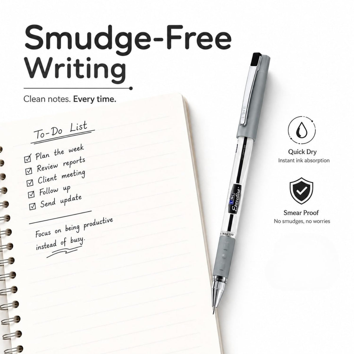 Linc 0.55mm Executive SL-500 Gel Pen | Water-Proof Ink & Textured Grip (Black Ink, Pack of 10)