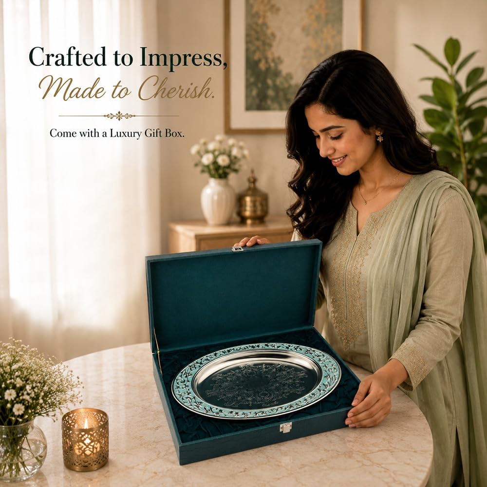 Diviniti Luxury Oval Decorative Tray | Premium Silver Finish Metal Oval Platter with Turquoise Embossed Border | Luxury Home Décor Display Tray for Coffee Table, Dining Table, Console & Gifting (Blue)